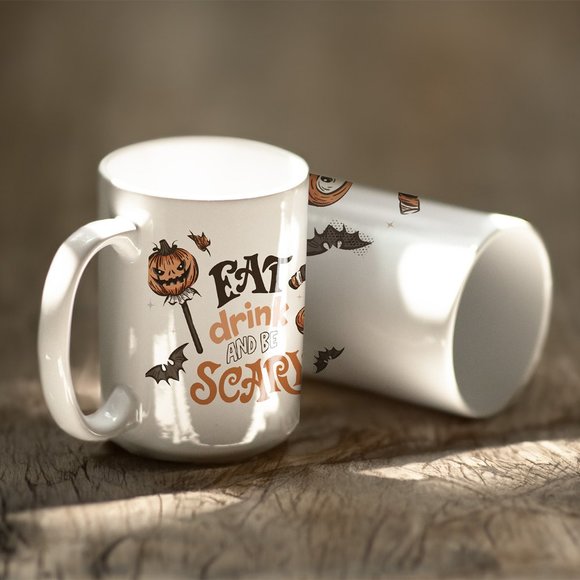 Eat, Drink, and be Scary Coffee Mug. Halloween Coffee Cup. 15oz Ceramic Mug - Picture 4 of 5